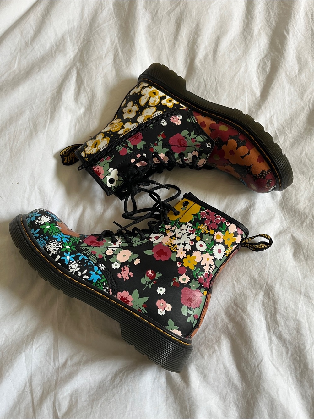 Doc Martens black floral multi color print zip lace up boots